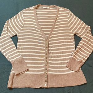 Striped Tan and White Button Up Zenana Cardigan 2XL
